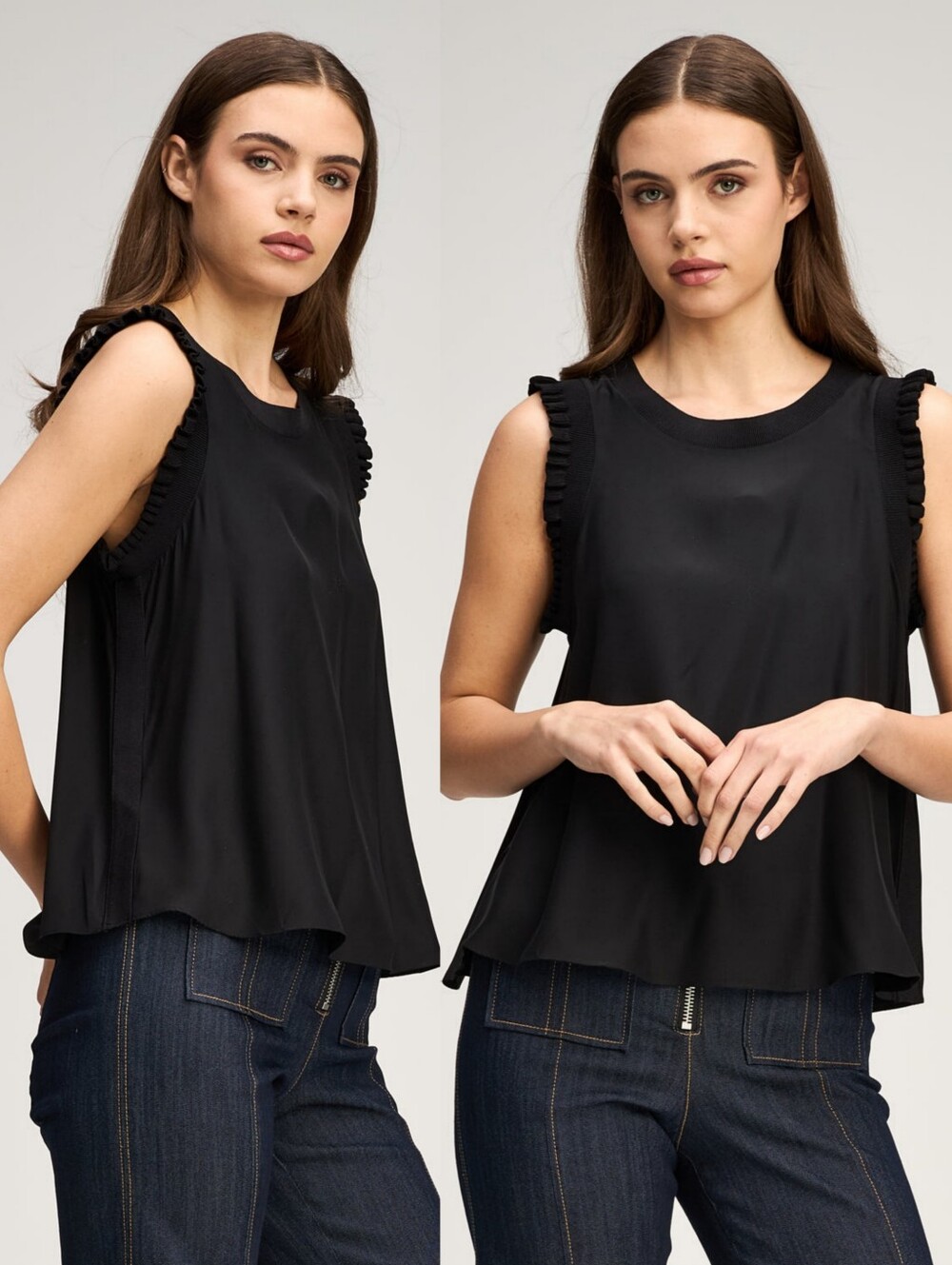 Cinq A Sept 100% Silk Lenore Top Black Size XS Sleeveless Ruffle Crewneck Blouse